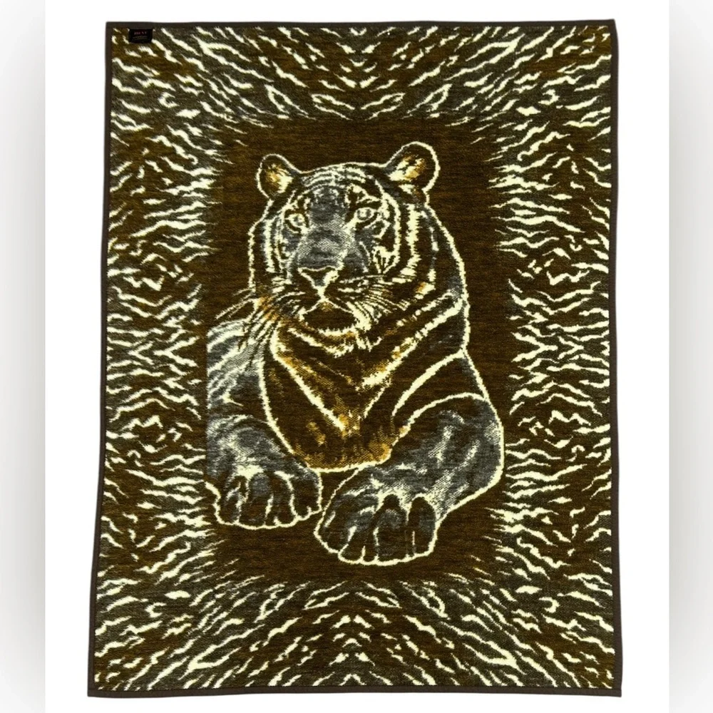 Vtg Ibena Crouching Tiger Reversible Animal Print Dolan Blanket Made In Greece